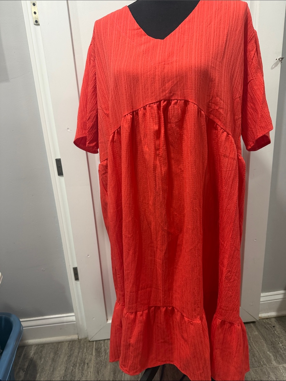 Amazon Coral Red V-Neck Midi Dress with Ruffle Hem